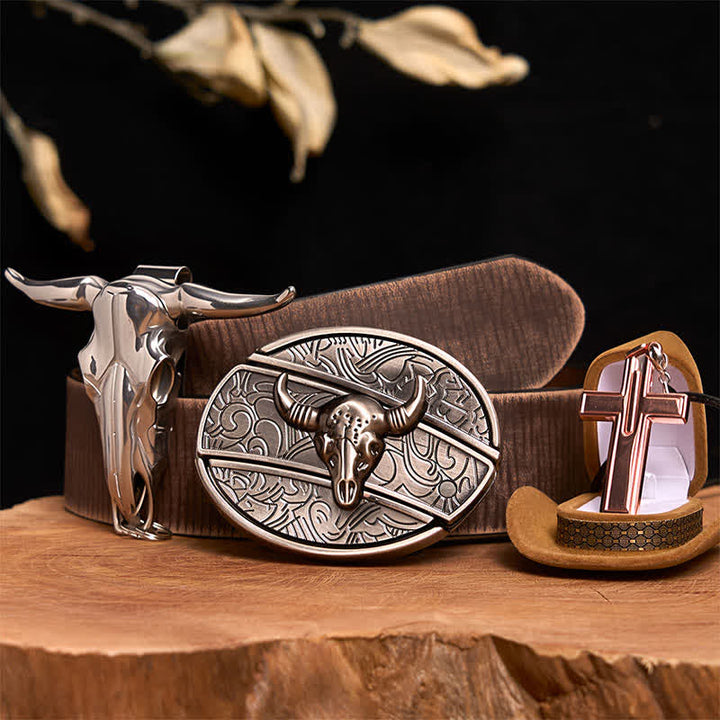 Antique Silver Bull DIY Hidden Knife Belt Buckle Cross Necklace Bundle Set - Silver Bull Head - Brown Distressed Belt - 42 - image 6