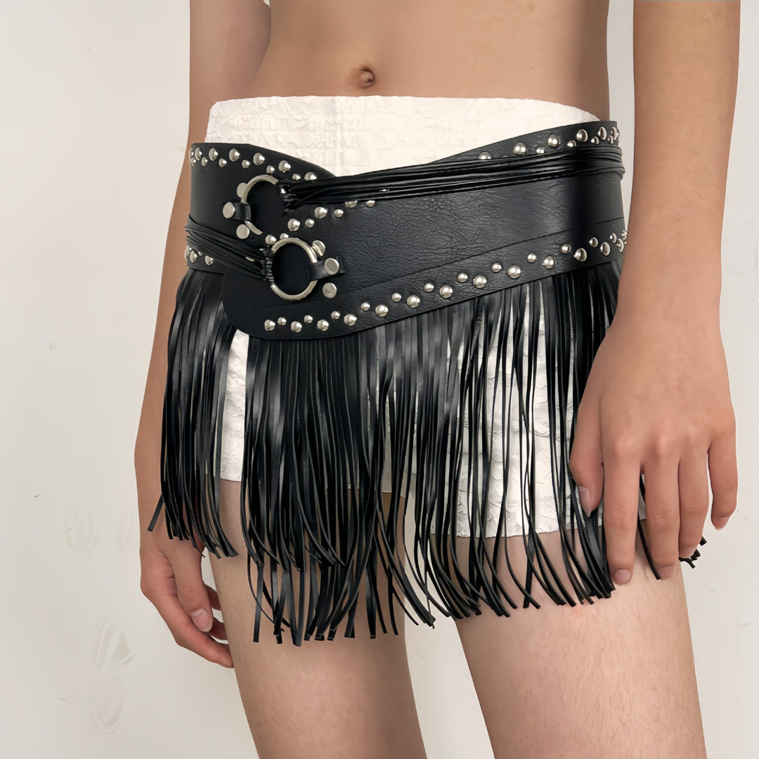Western Cowboy Women's Hippie Tassel Leather Corset Belt - Black tassel strap - image 3