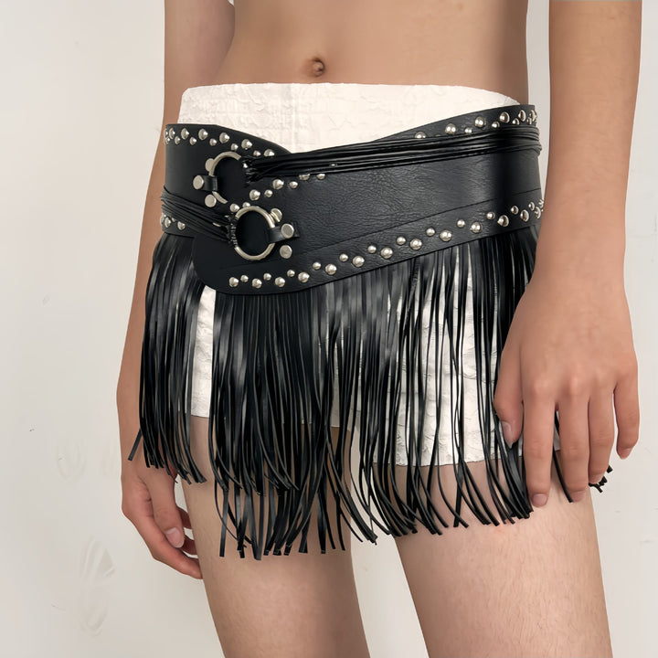 Western Cowboy Women's Hippie Tassel Leather Corset Belt - Black tassel strap - image 3