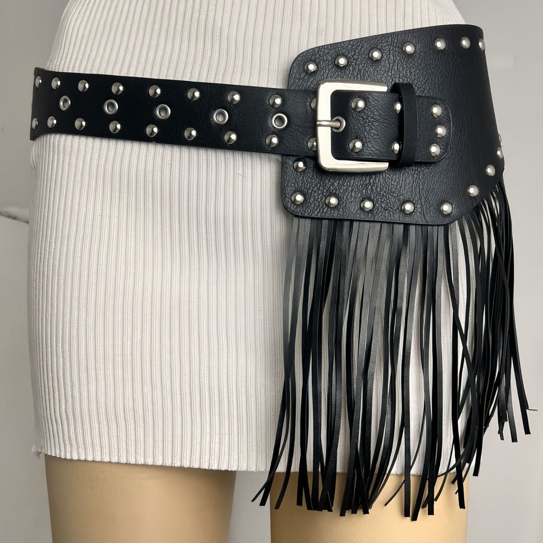 Western Cowboy Women's Hippie Tassel Leather Corset Belt - Punk Rivet Tassel Belt - image 5
