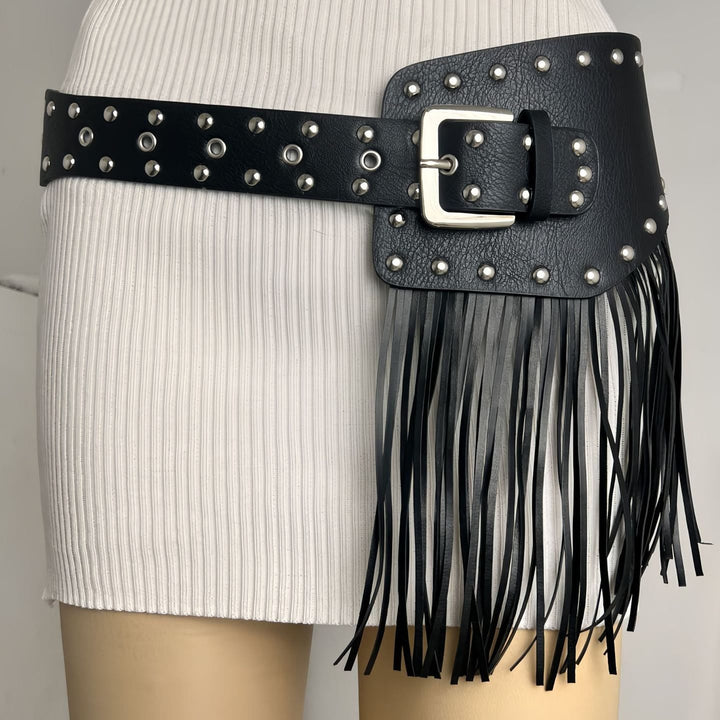 Western Cowboy Women's Hippie Tassel Leather Corset Belt - Punk Rivet Tassel Belt - image 5