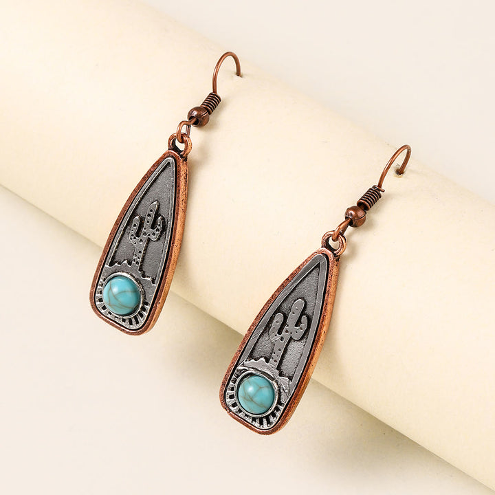 Vintage Water Drop Round Cactus With Turquoise Earrings Necklace - Turquoise - image 4