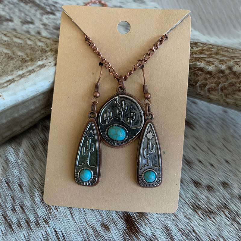 Vintage Water Drop Round Cactus With Turquoise Earrings Necklace - image 1