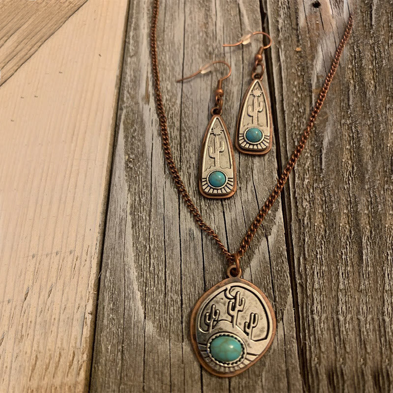Vintage Water Drop Round Cactus With Turquoise Earrings Necklace - image 1