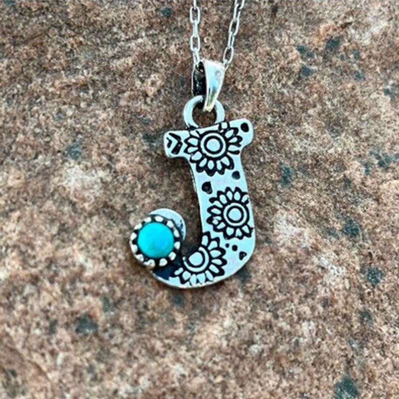 Retro Turquoise Unisex Letter Metal Necklace - J - image 9