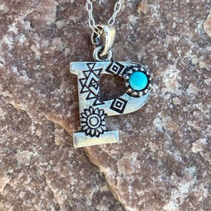 Retro Turquoise Unisex Letter Metal Necklace - P - image 14