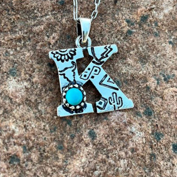 Retro Turquoise Unisex Letter Metal Necklace - K - image 10