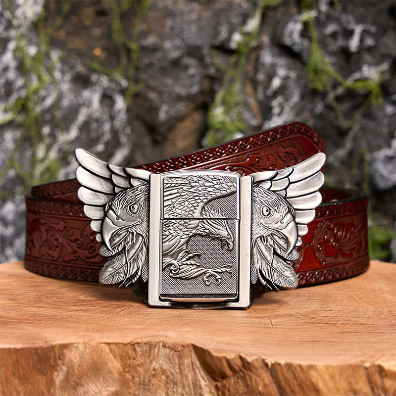 Men's DIY Silver Soaring Eagle Leather Belt With Hidden Lighter  - Soaring Eagle - Brown Carved Belt - 42 - image 10