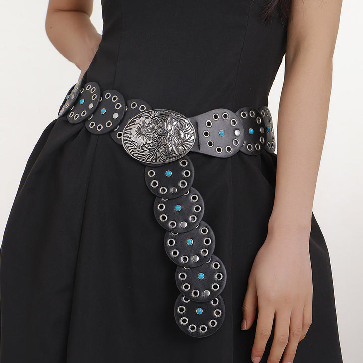 Round Hollowed Out Blue Diamond Inlaid Women's Leather Belt - image 1