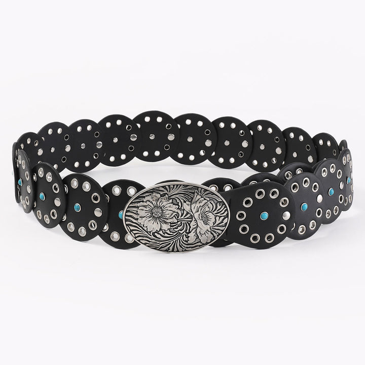 Round Hollowed Out Blue Diamond Inlaid Women's Leather Belt - image 2