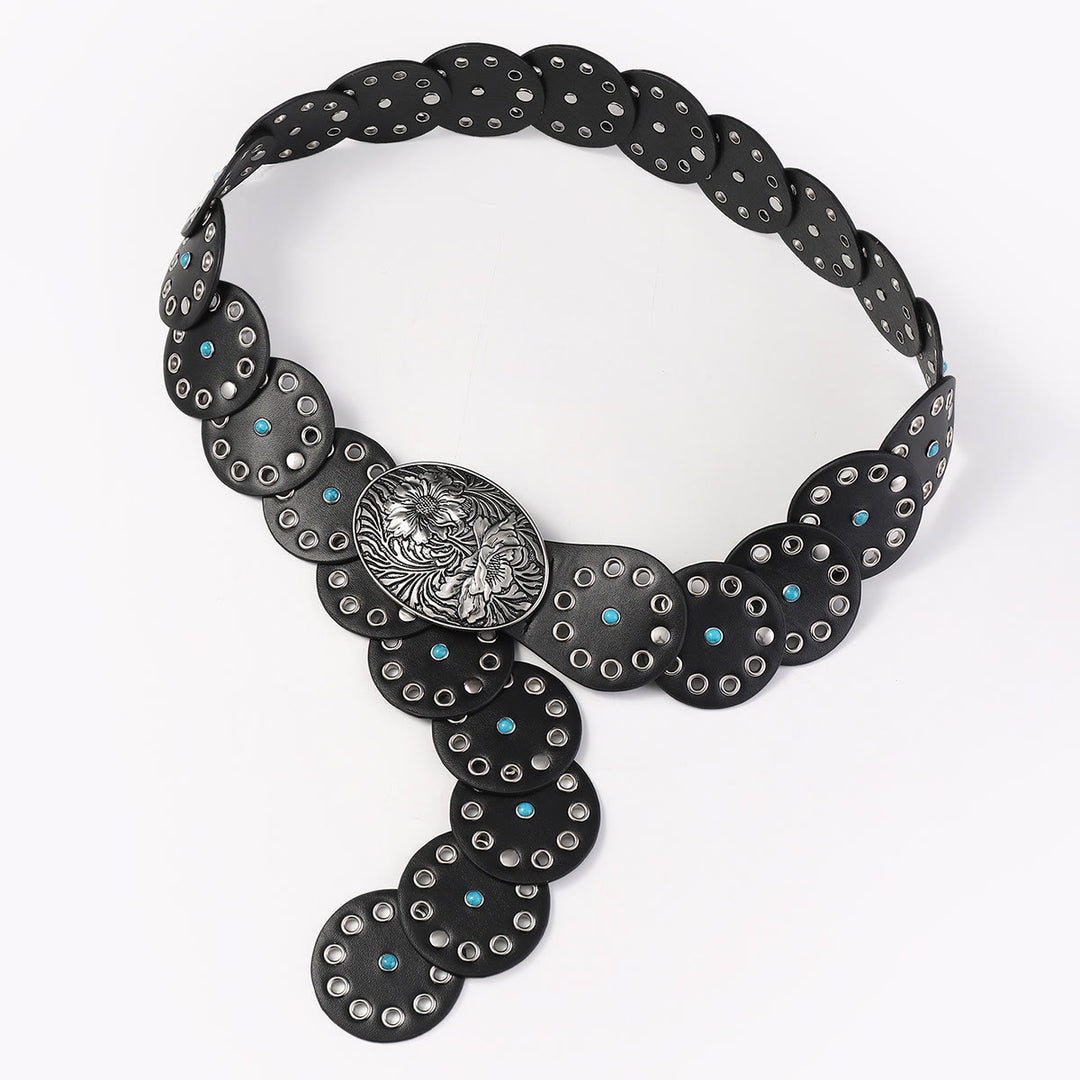 Round Hollowed Out Blue Diamond Inlaid Women's Leather Belt - image 4