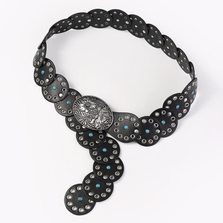 Round Hollowed Out Blue Diamond Inlaid Women's Leather Belt - image 4