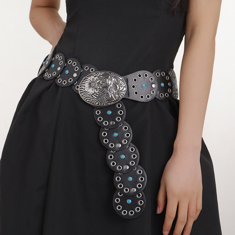 Round Hollowed Out Blue Diamond Inlaid Women's Leather Belt - image 1