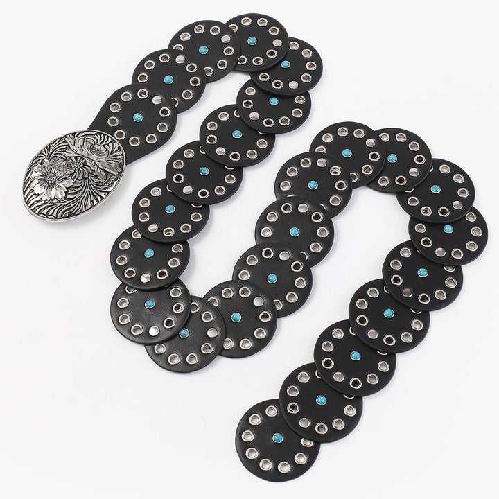Round Hollowed Out Blue Diamond Inlaid Women's Leather Belt - image 4