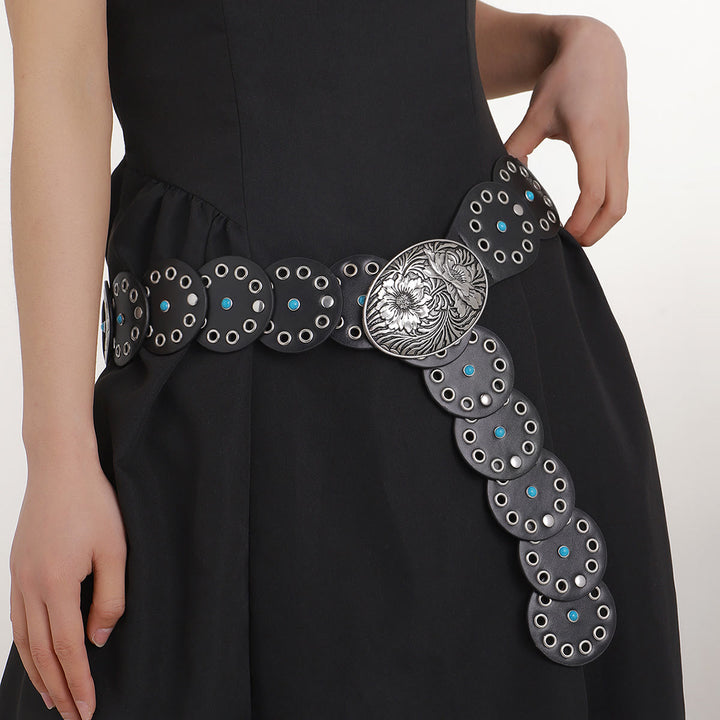 Round Hollowed Out Blue Diamond Inlaid Women's Leather Belt - Black - image 1