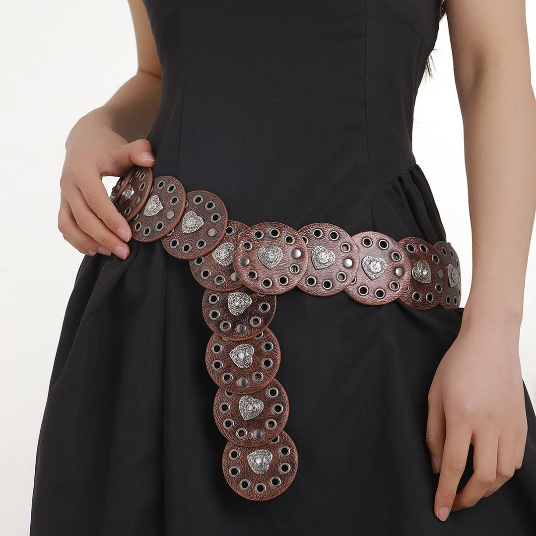 Black&Reddish Brown Exquisite Round Hollow Women's Leather Belt - Reddish Brown - image 1