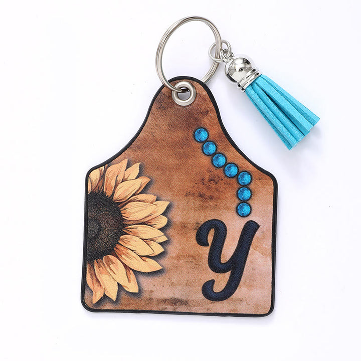 Western Style Sunflower&Letter Tassel Leather Keychain - Y - image 26