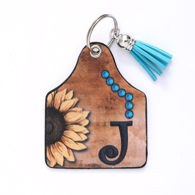 Western Style Sunflower&Letter Tassel Leather Keychain - J - image 11
