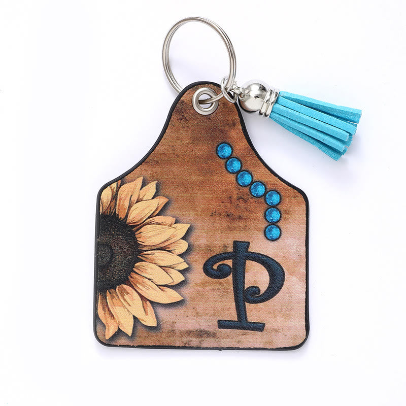 Western Style Sunflower&Letter Tassel Leather Keychain - P - image 17
