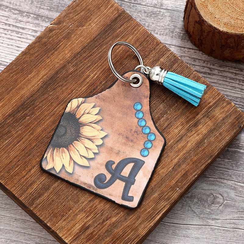 Western Style Sunflower&Letter Tassel Leather Keychain - image 1