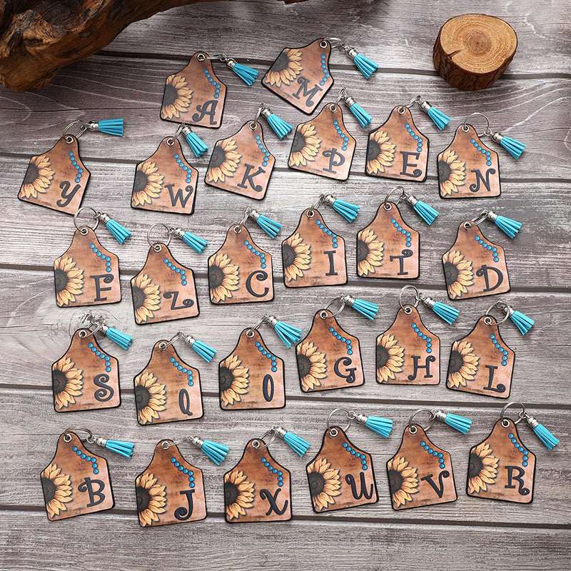 Western Style Sunflower&Letter Tassel Leather Keychain - image 2