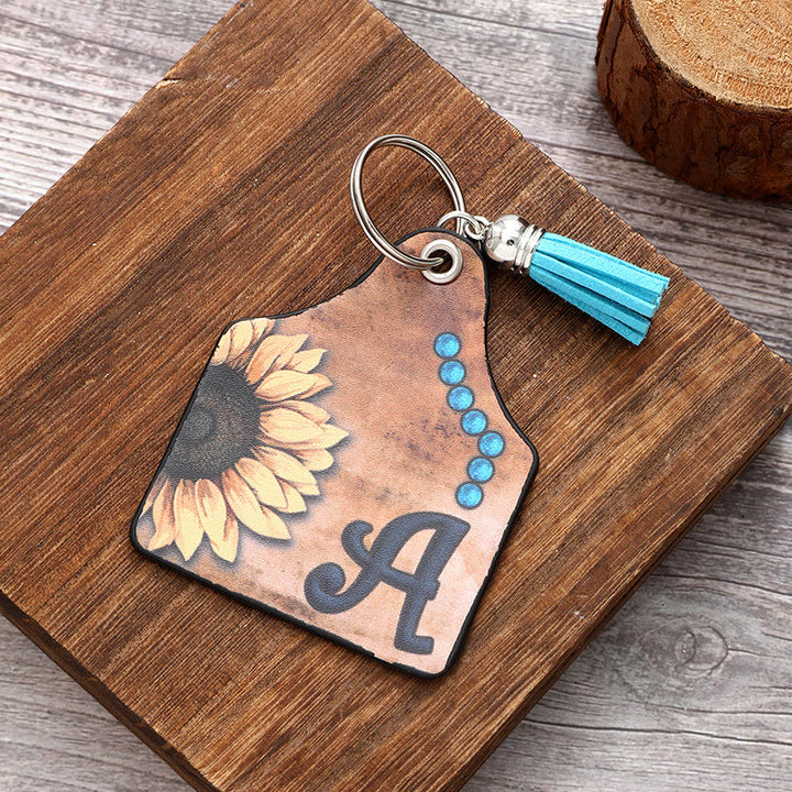 Western Style Sunflower&Letter Tassel Leather Keychain - image 0