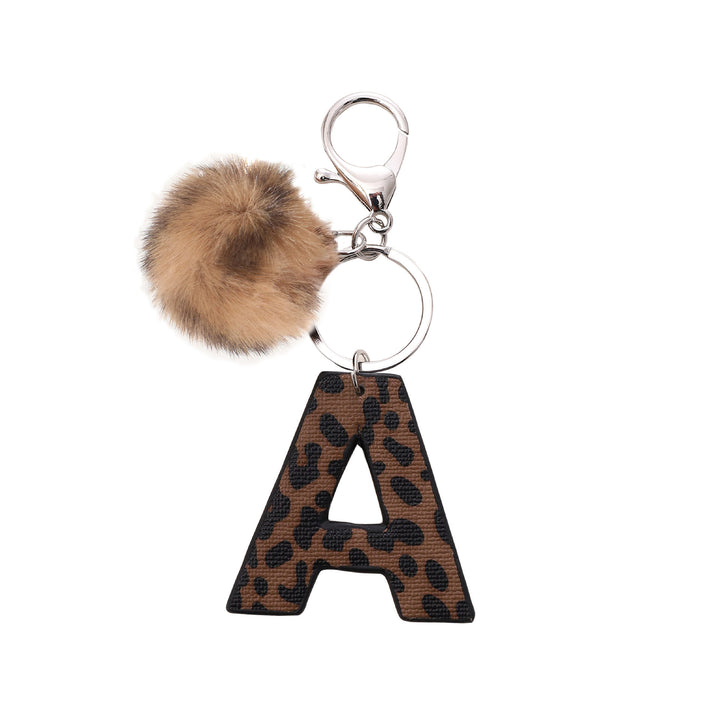 Western Style Leopard Print Letter Leather Keychain With Plush Ball - A - image 2