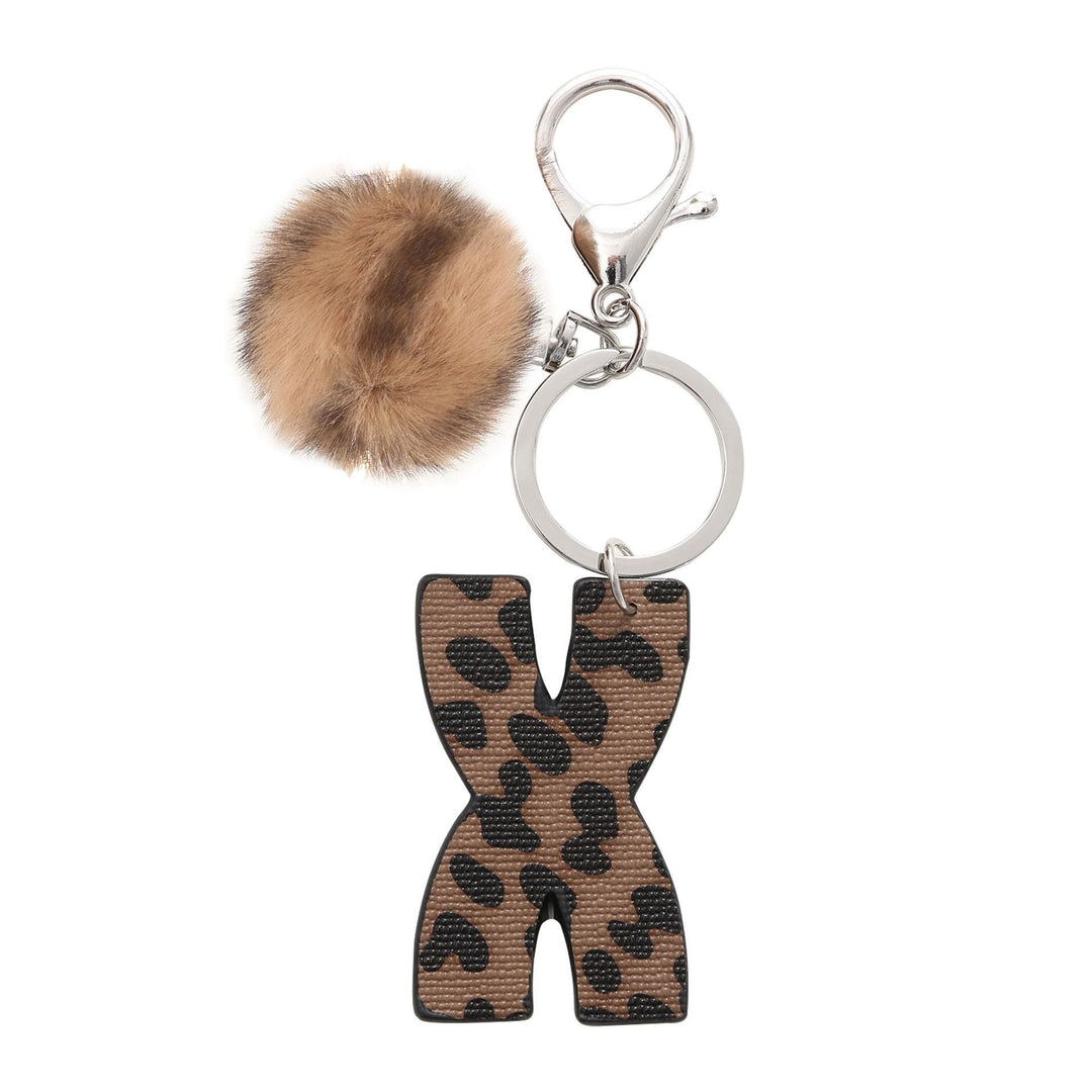Western Style Leopard Print Letter Leather Keychain With Plush Ball - X - image 25