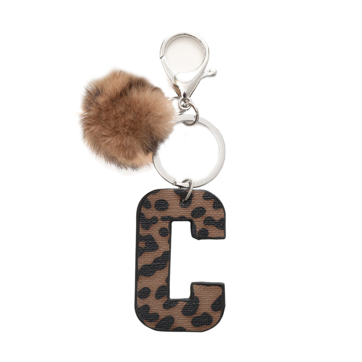Western Style Leopard Print Letter Leather Keychain With Plush Ball - C - image 4