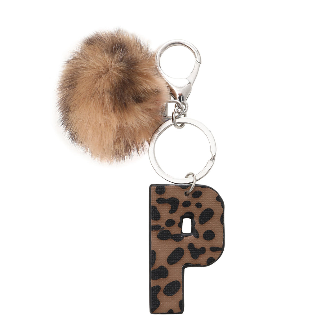 Western Style Leopard Print Letter Leather Keychain With Plush Ball - P - image 17