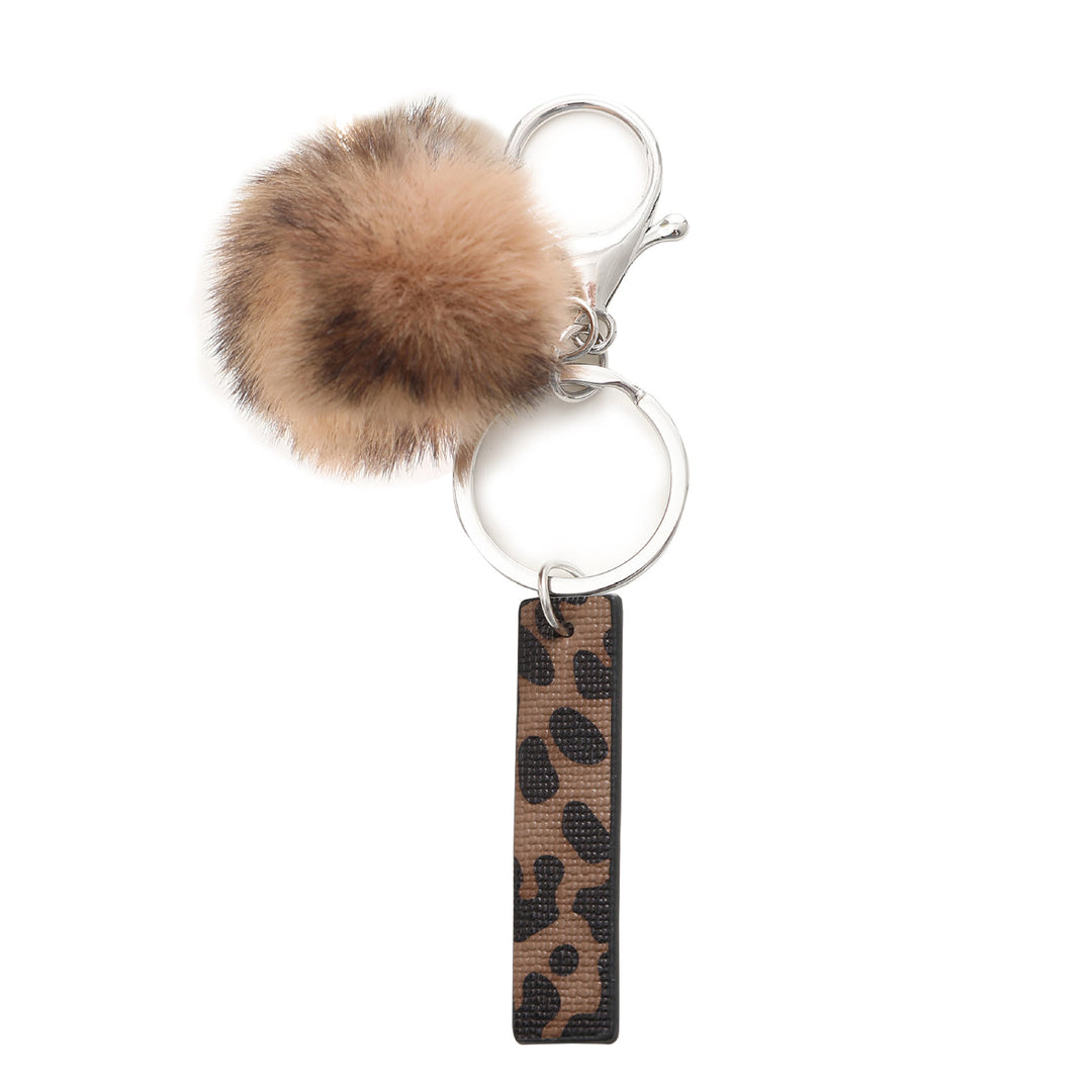 Western Style Leopard Print Letter Leather Keychain With Plush Ball - I - image 10