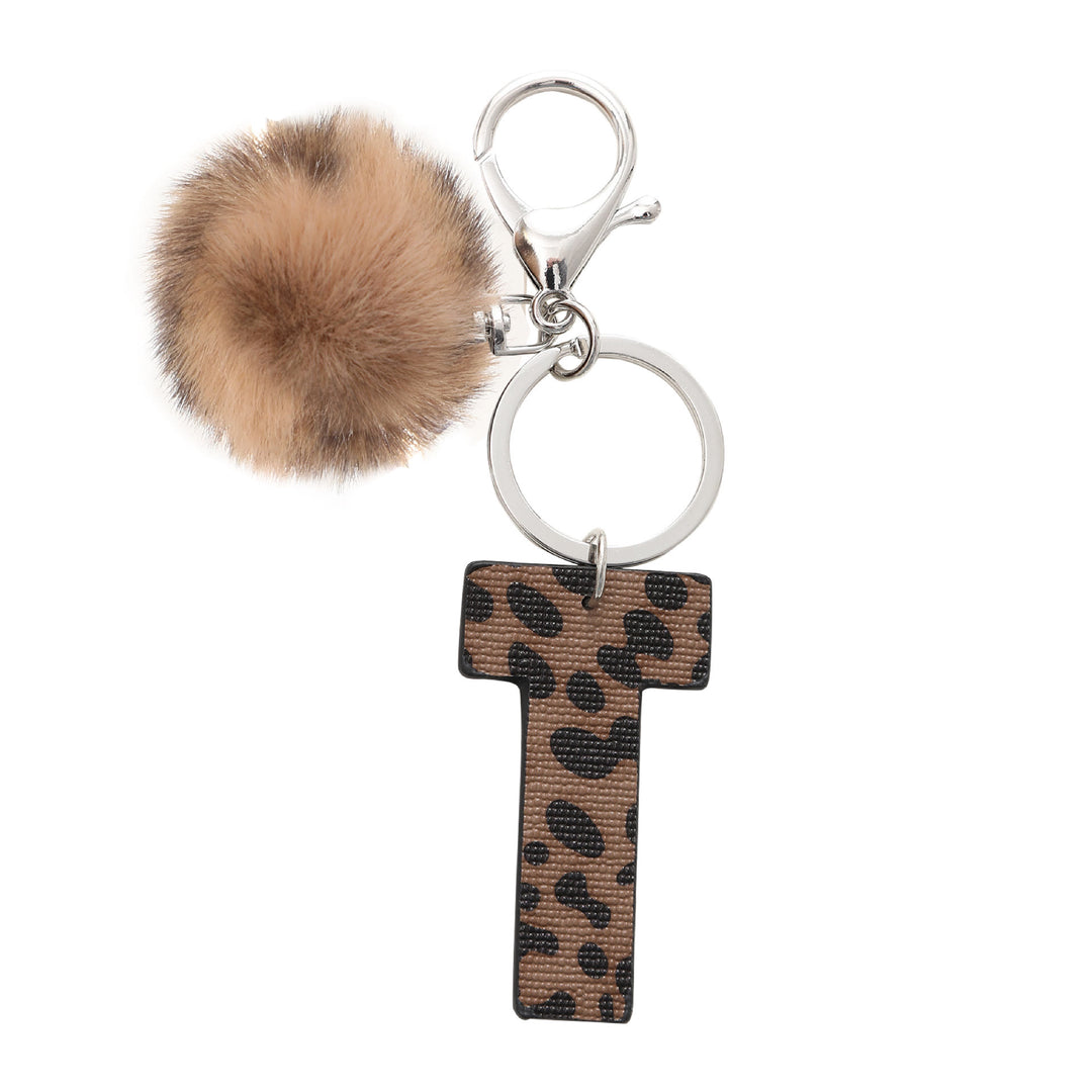 Western Style Leopard Print Letter Leather Keychain With Plush Ball - T - image 21