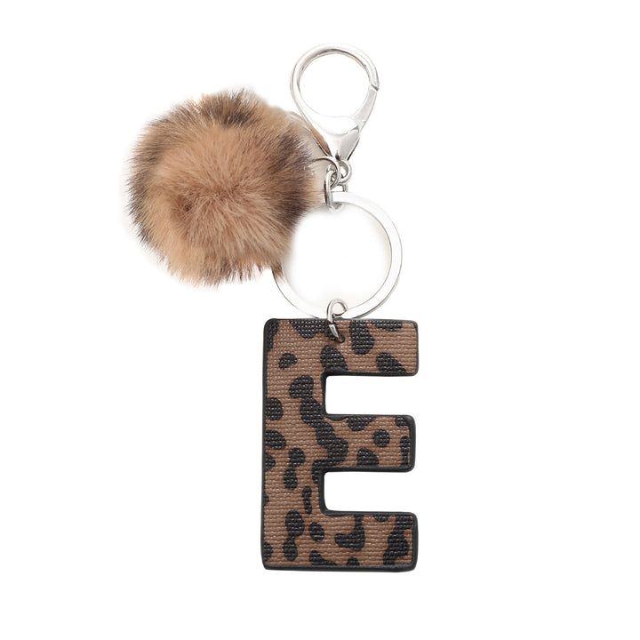 Western Style Leopard Print Letter Leather Keychain With Plush Ball - E - image 6