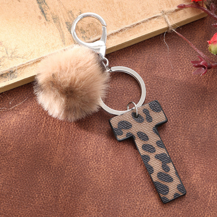 Western Style Leopard Print Letter Leather Keychain With Plush Ball - image 1