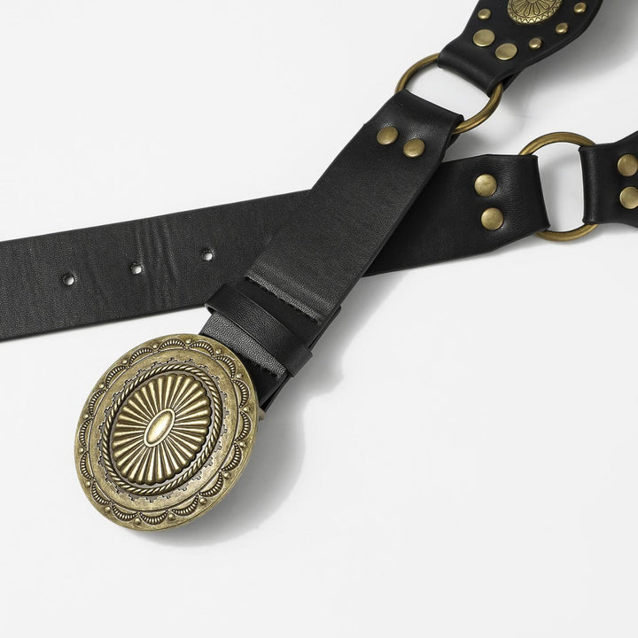 Retro Street Fashion Hollow-out Splicing Circular Ring Women's Leather Belt - image 3