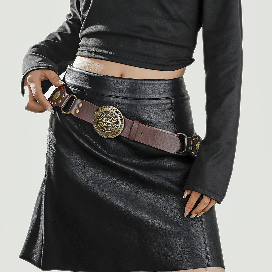 Retro Street Fashion Hollow-out Splicing Circular Ring Women's Leather Belt - Brown - image 5
