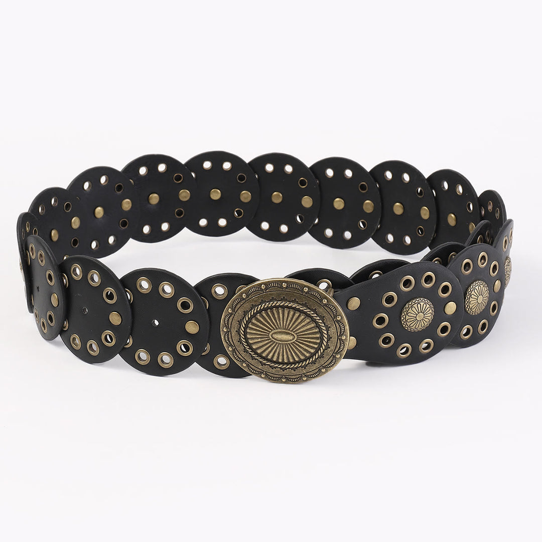 Women's Retro Western Personalized Splicing Round Black Leather Belt - image 2