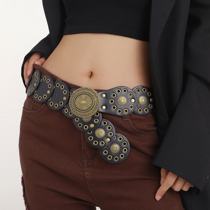 Women's Retro Western Personalized Splicing Round Black Leather Belt - Black - image 1