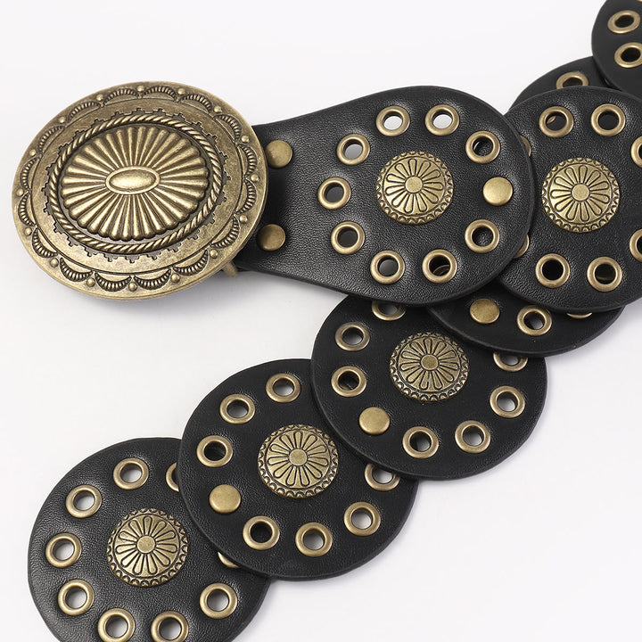 Women's Retro Western Personalized Splicing Round Black Leather Belt - image 5