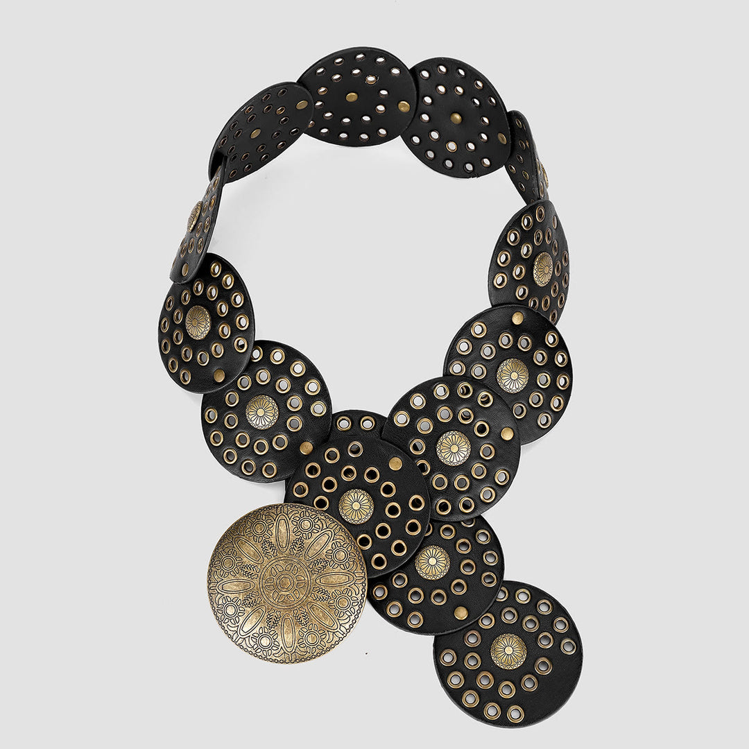 Retro Western Style Exaggerated Circular Hollow Women's Leather Belt - Black - image 3