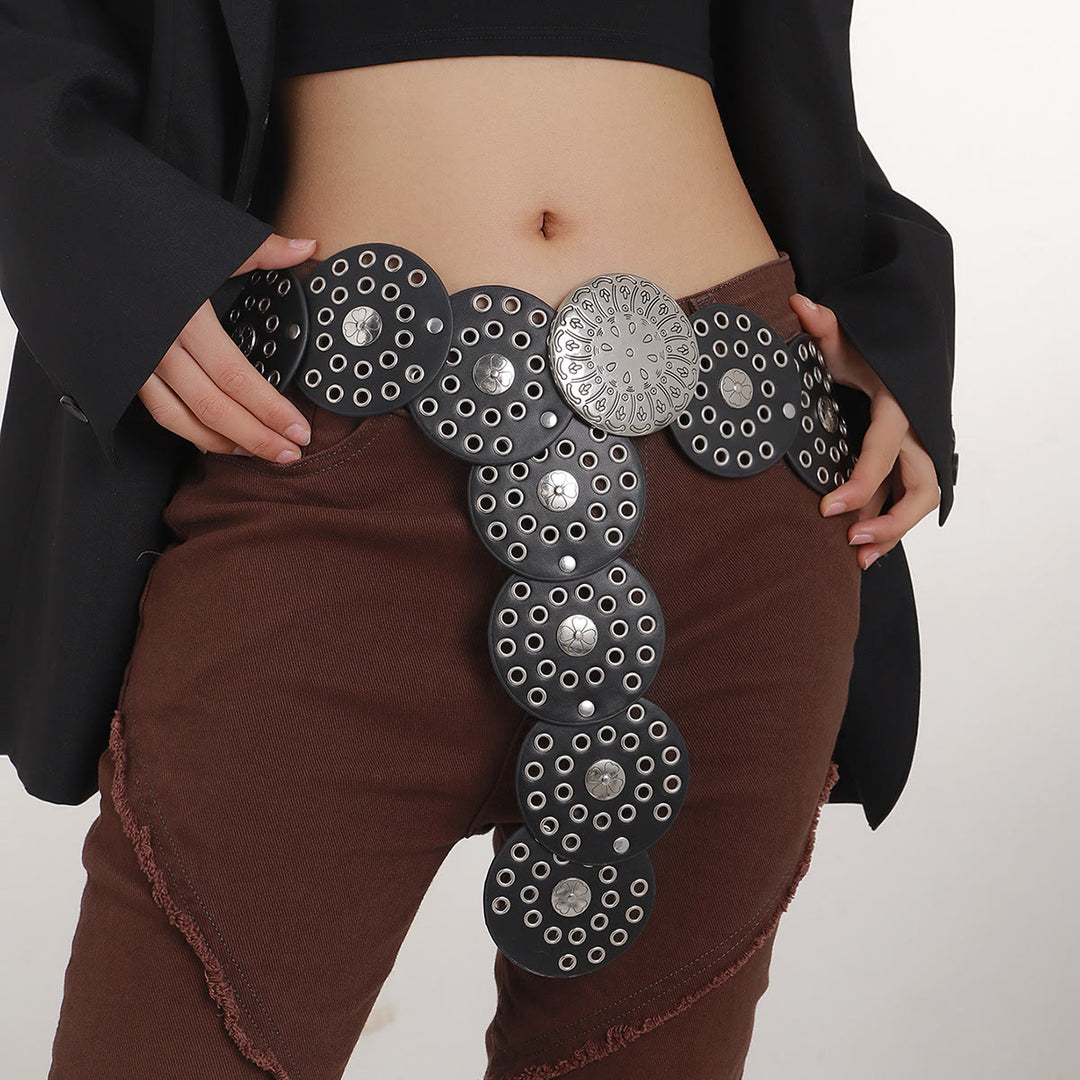 Western Style Hollow Silver Disc Women's Leather Belt - Black - image 1