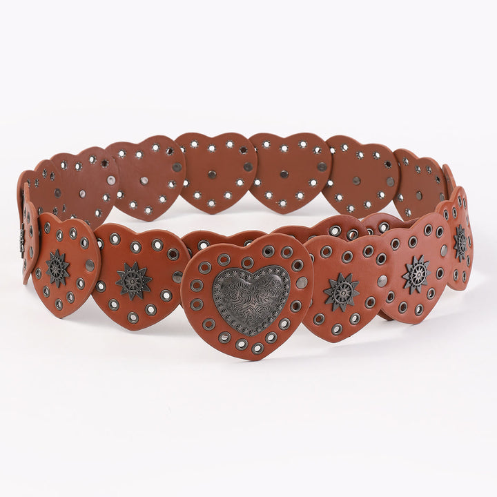 Caramel Western Style Peach Heart Hollow Women's Leather Belt - image 3
