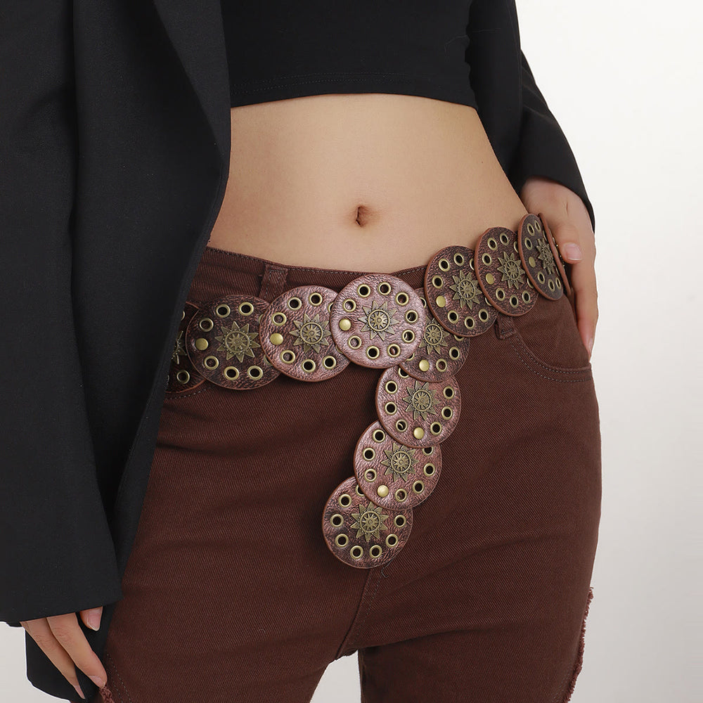 Coffee Colored Retro Street Hollow Circular Women's Leather Belt - image 1