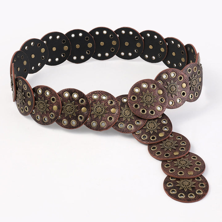 Coffee Colored Retro Street Hollow Circular Women's Leather Belt - image 2