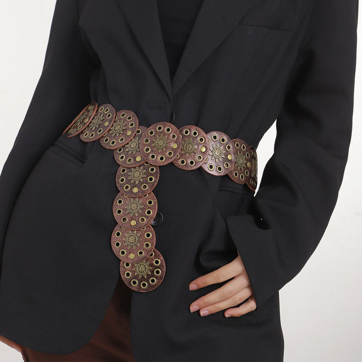 Coffee Colored Retro Street Hollow Circular Women's Leather Belt - Brown - image 0