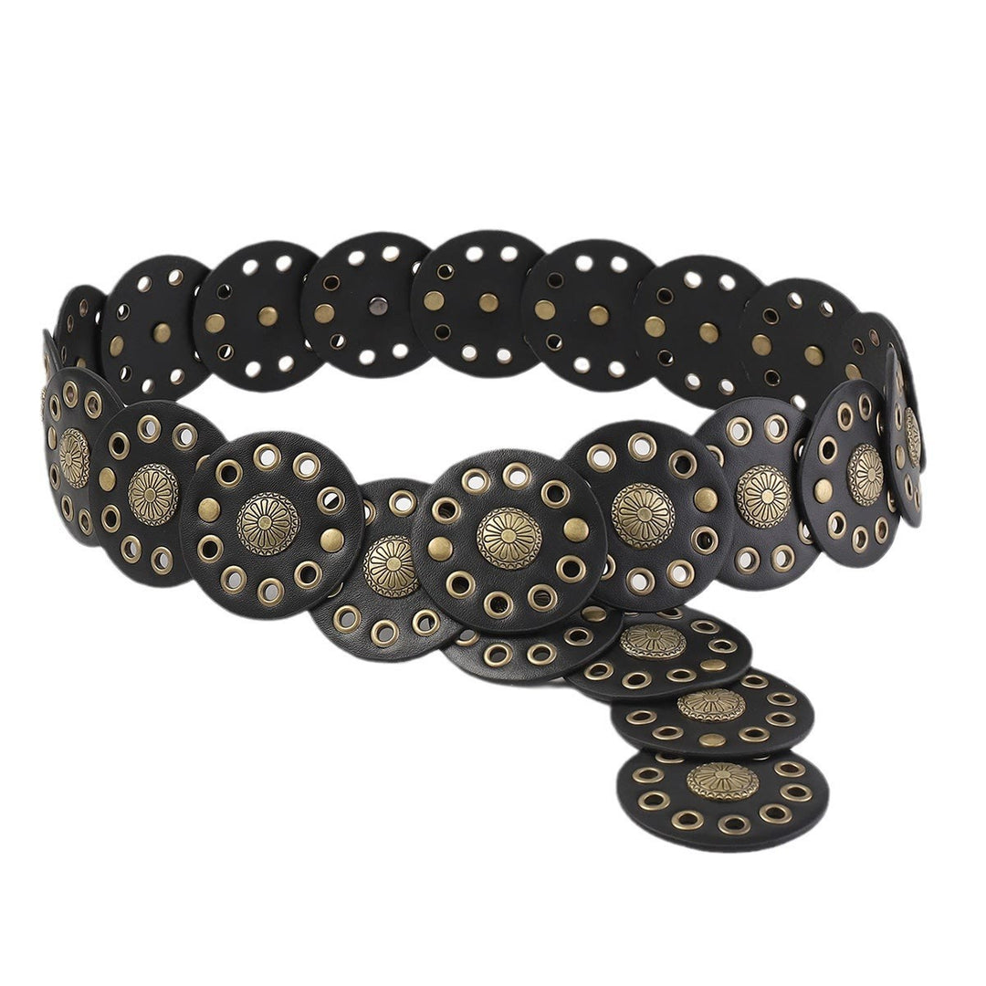 Black Circular Retro Hollow Women's Leather Belt - image 3