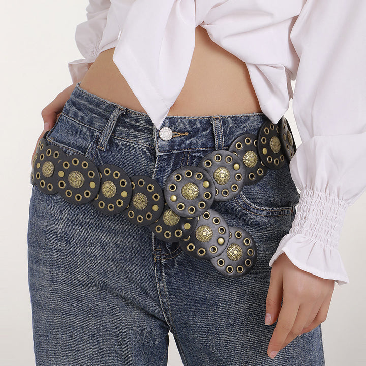 Black Circular Retro Hollow Women's Leather Belt - image 1