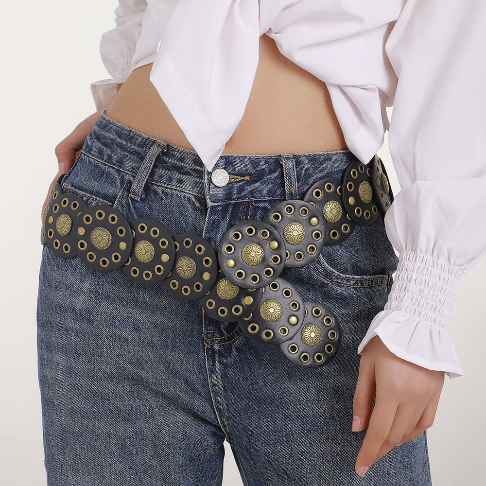 Black Circular Retro Hollow Women's Leather Belt - image 2