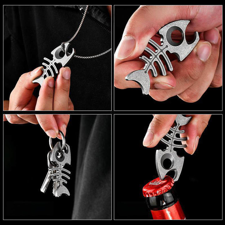 Titanium Alloy EDC-Tool Fishbone Shaped Bottle Opener Keychain - image 3