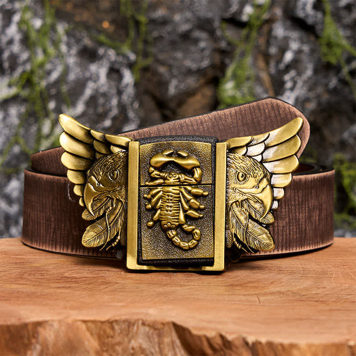 Men's DIY Bronze Scopion & Eagle Leather Belt With Hidden Lighter - Scopion & Eagle - Brown Distressed Belt - 42 - image 9